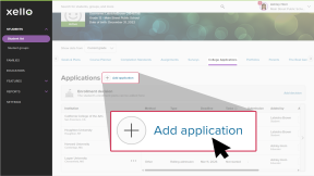 A student's profile in Xello with the College Applications tab open. The cursor is clicking Add application.
